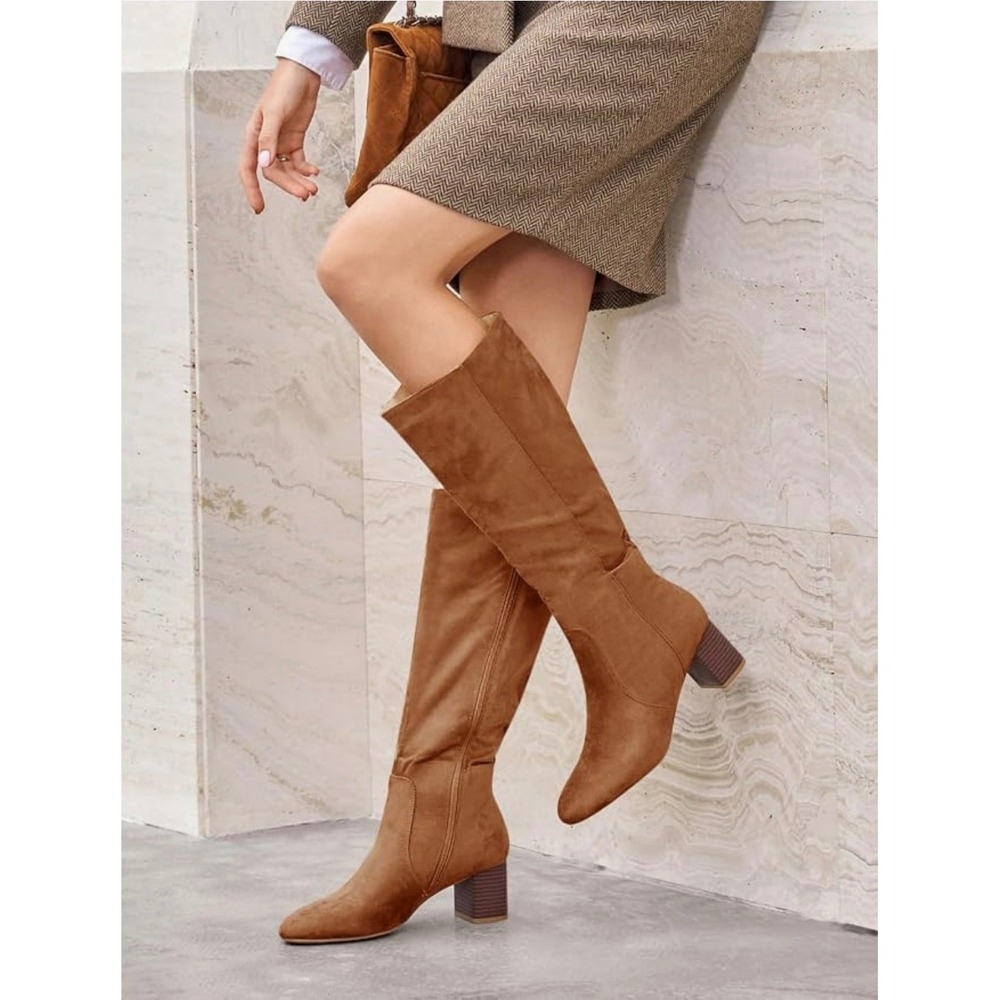 Coutgo Womens Tan‎ Faux Suede Knee High Boots Chunky Block Heel Size 7.5